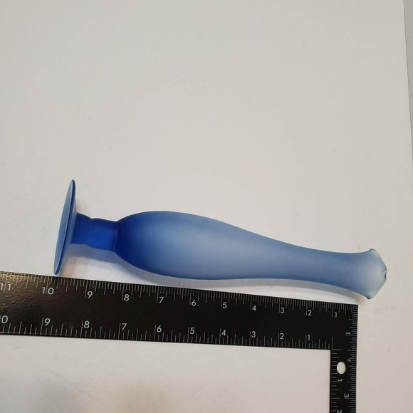 Vintage Frosted Blue Satin Glass Bud Vase, 10" Ruffled Edge Tulip Vase - Picture 8 of 9
